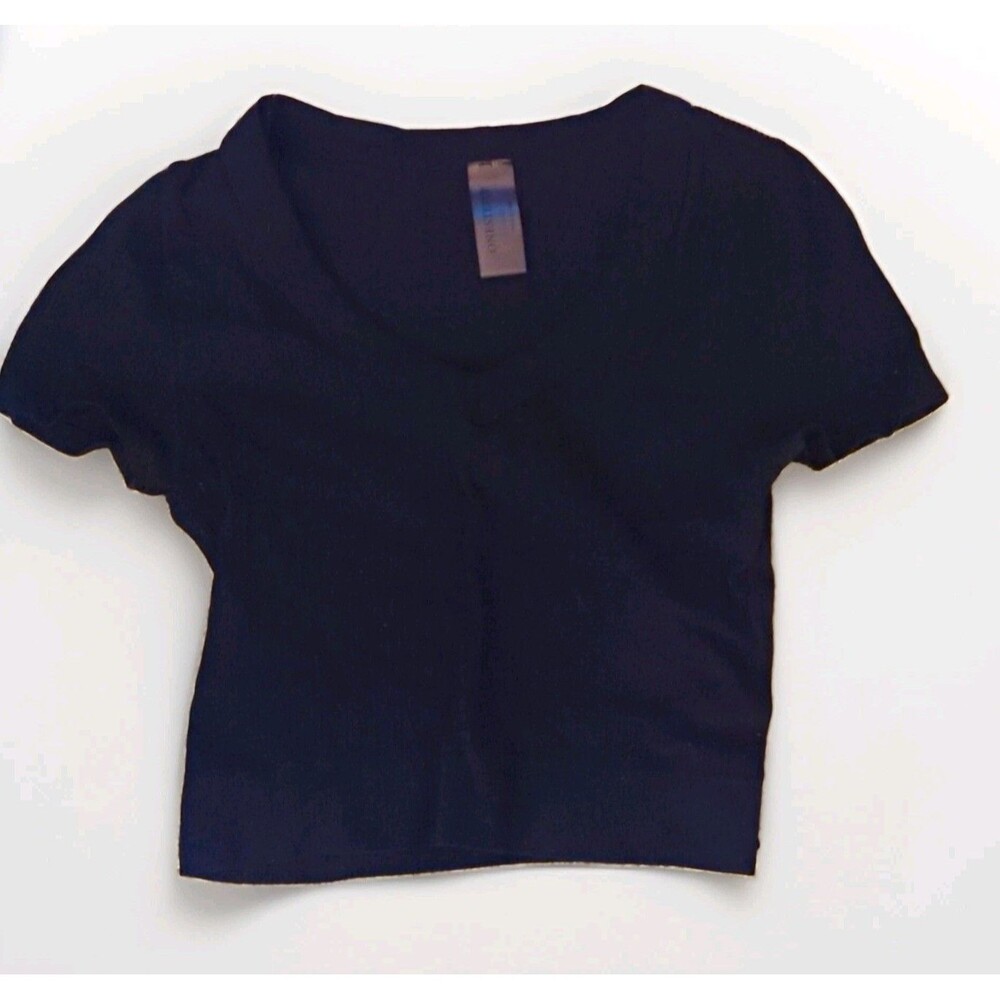 ONESTEPUP Women's Ribbed V-Neck Black Solid Short Sleeve Top Regular Size L/XL